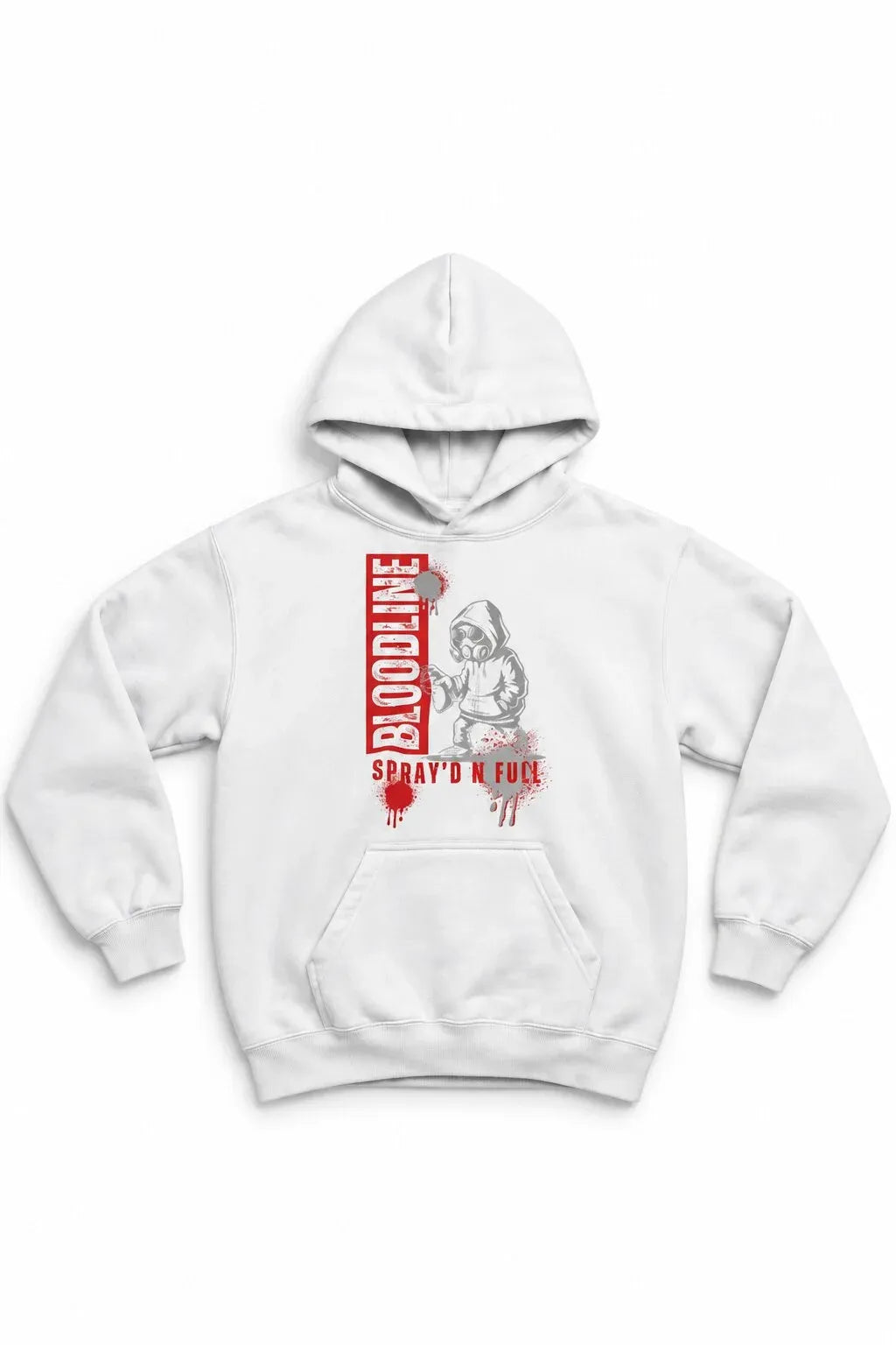 A white pullover hoodie featuring a graphic print on the front with a red vertical 'BLOODLINE' text block
